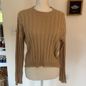Elegant Tan Ribbed Women's Sweater